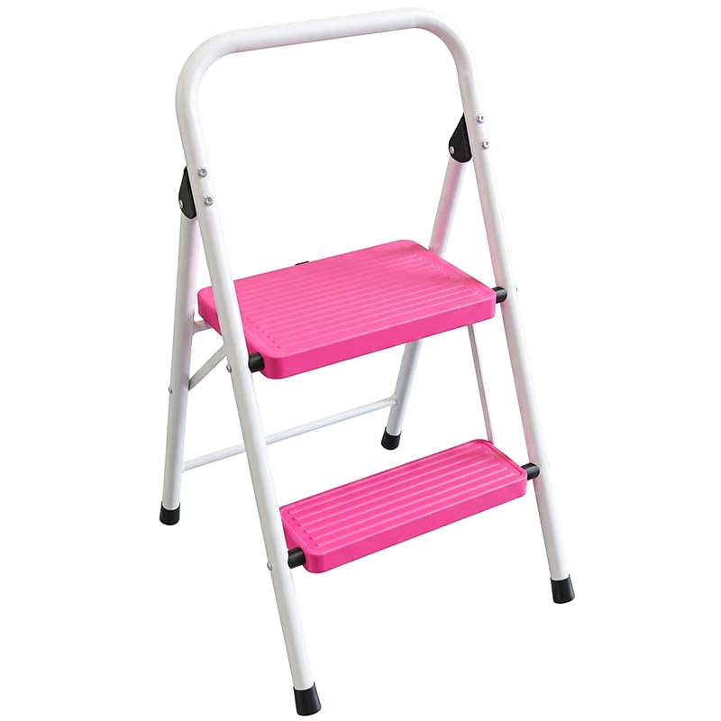 2 Step Stool Folding Anti-Slip Lightweight Steel 330LBS Pink H21560