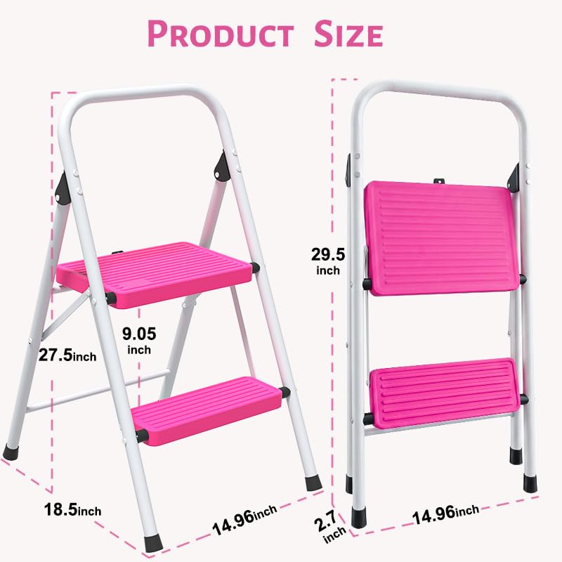 2 Step Stool Folding Anti-Slip Lightweight Steel 330LBS Pink H21560