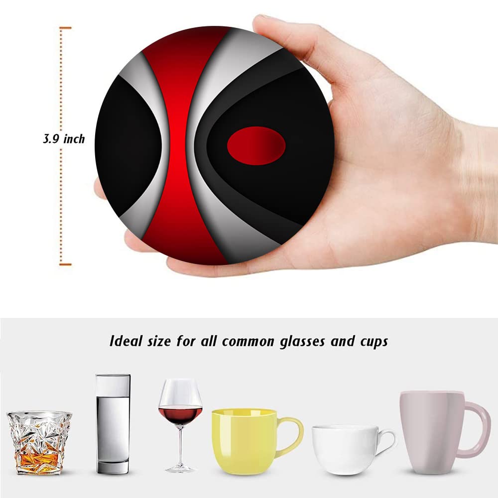 Set of 6 Red Black Geometric Absorbent Ceramic Coasters with Cork Base and Metal Holder G150200