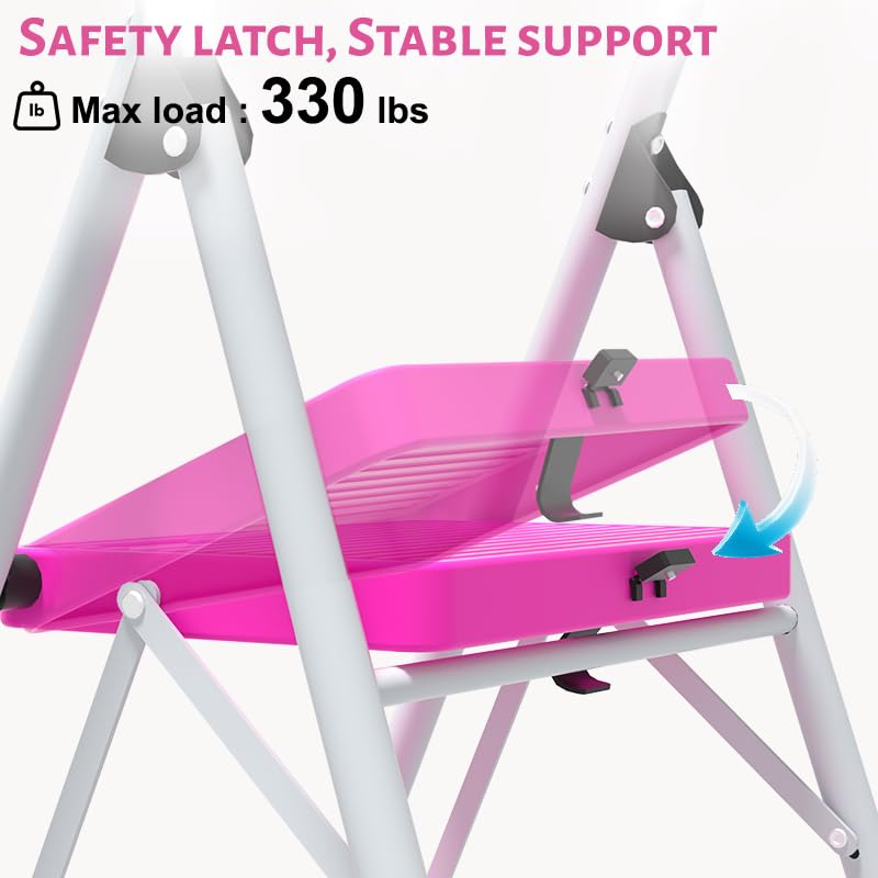 2 Step Stool Folding Anti-Slip Lightweight Steel 330LBS Pink H21560
