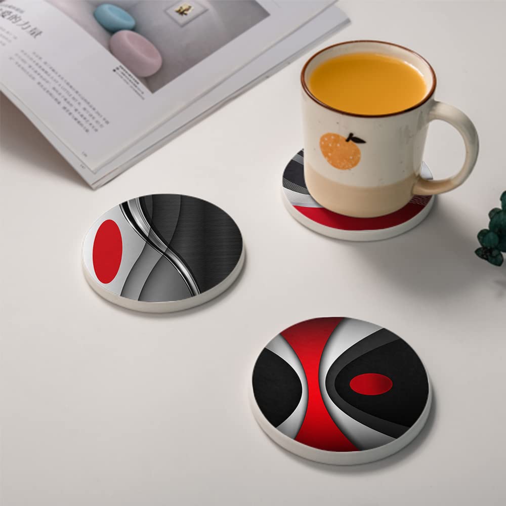 Set of 6 Red Black Geometric Absorbent Ceramic Coasters with Cork Base and Metal Holder G150200