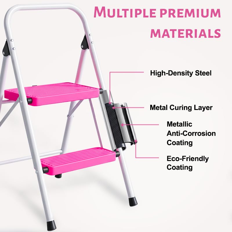 2 Step Stool Folding Anti-Slip Lightweight Steel 330LBS Pink H21560