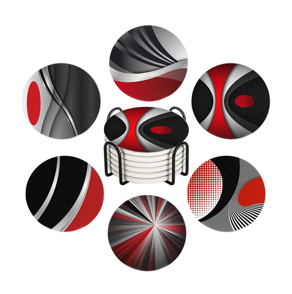 Set of 6 Red Black Geometric Absorbent Ceramic Coasters with Cork Base and Metal Holder G150200