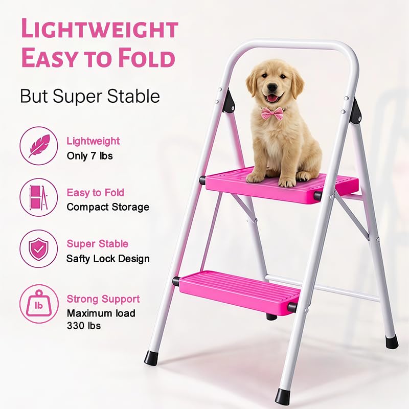 2 Step Stool Folding Anti-Slip Lightweight Steel 330LBS Pink H21560