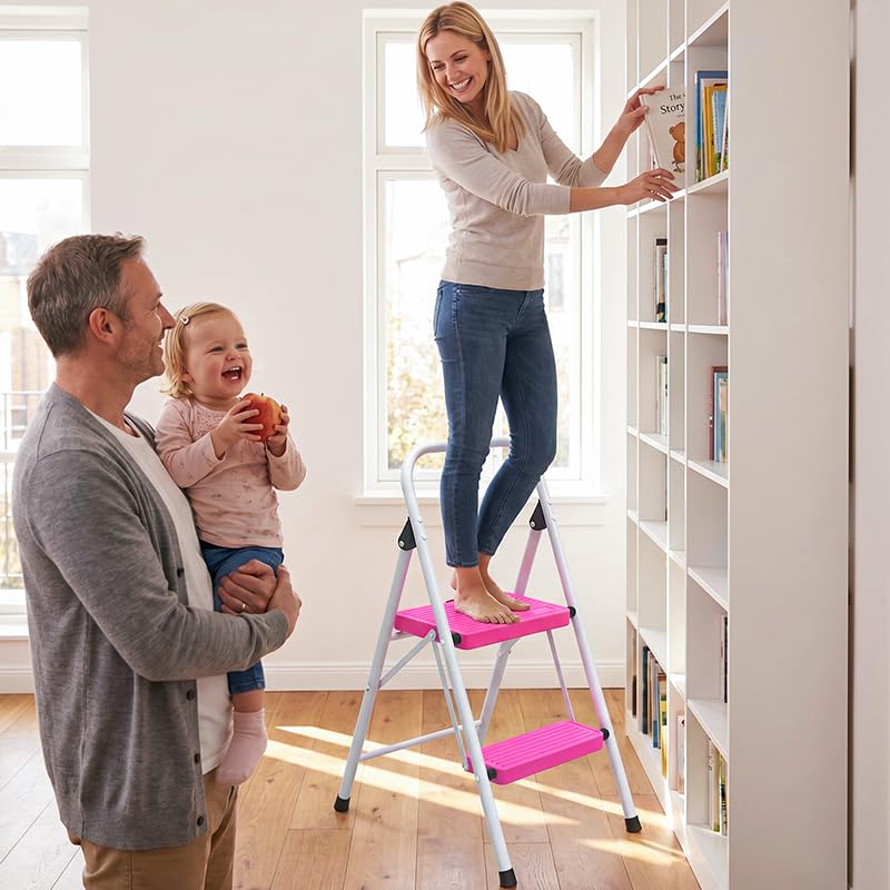 2 Step Stool Folding Anti-Slip Lightweight Steel 330LBS Pink H21560