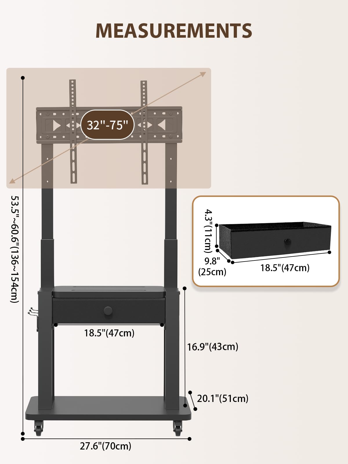 Rolling TV Stand with Fabric Drawer for 32-75 Inch Flat/Curved Screen Adjustable Height with Storage on Wheels Black M700