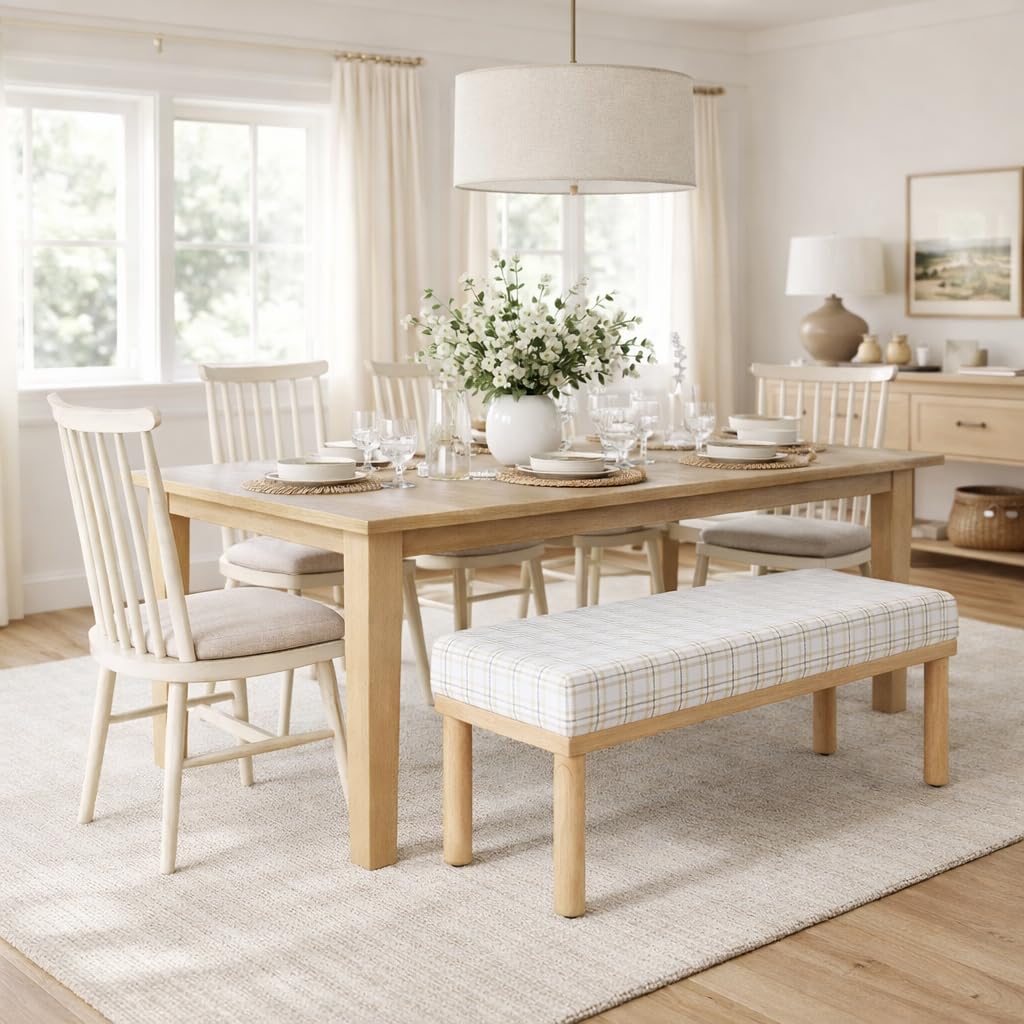 Natural Plaid Woven Fabric Bench M42656