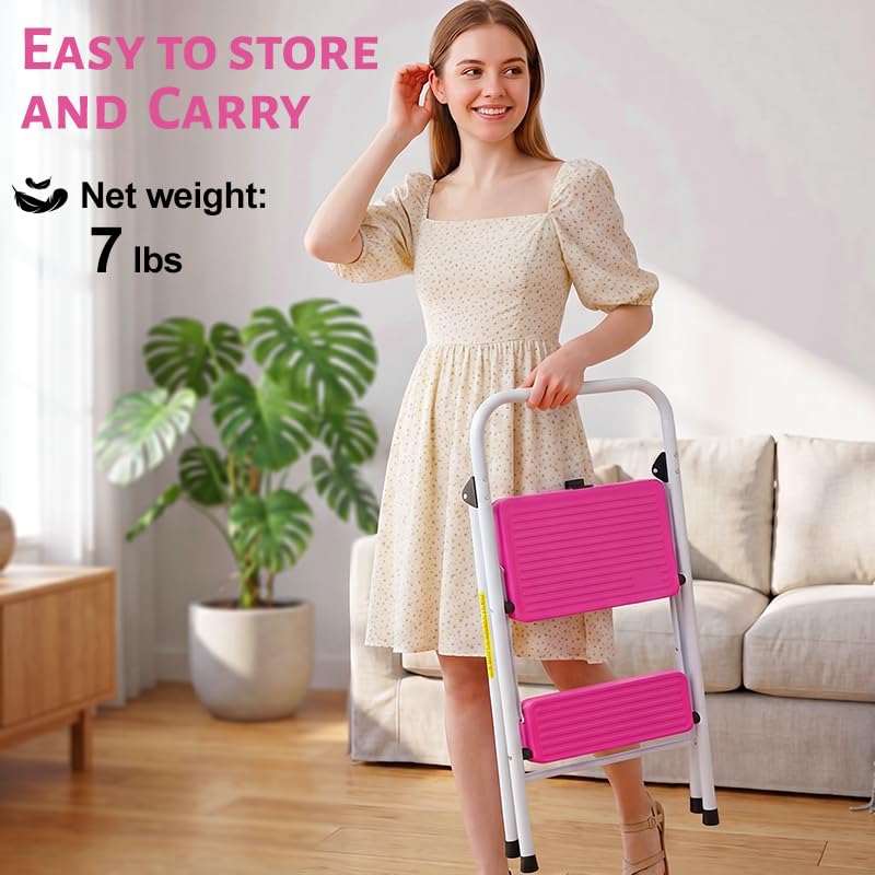 2 Step Stool Folding Anti-Slip Lightweight Steel 330LBS Pink H21560