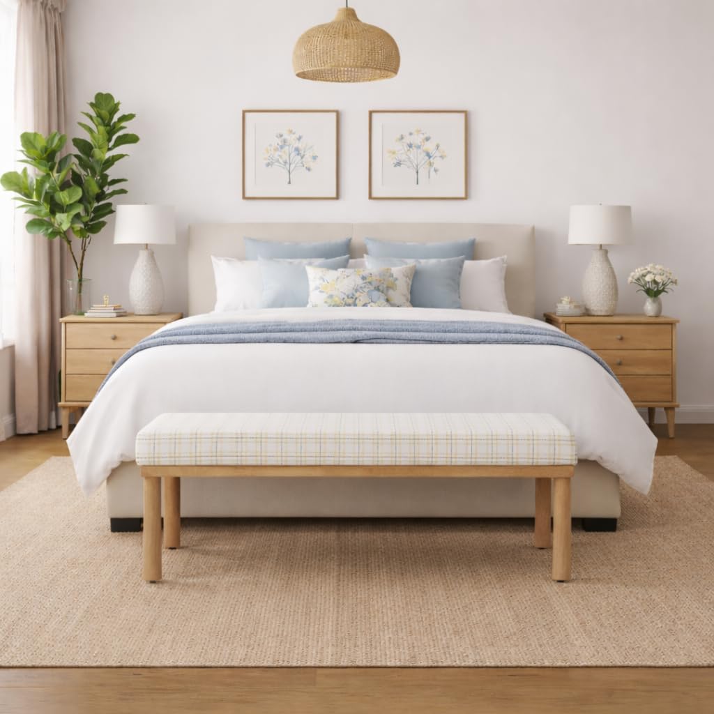 Natural Plaid Woven Fabric Bench M42656