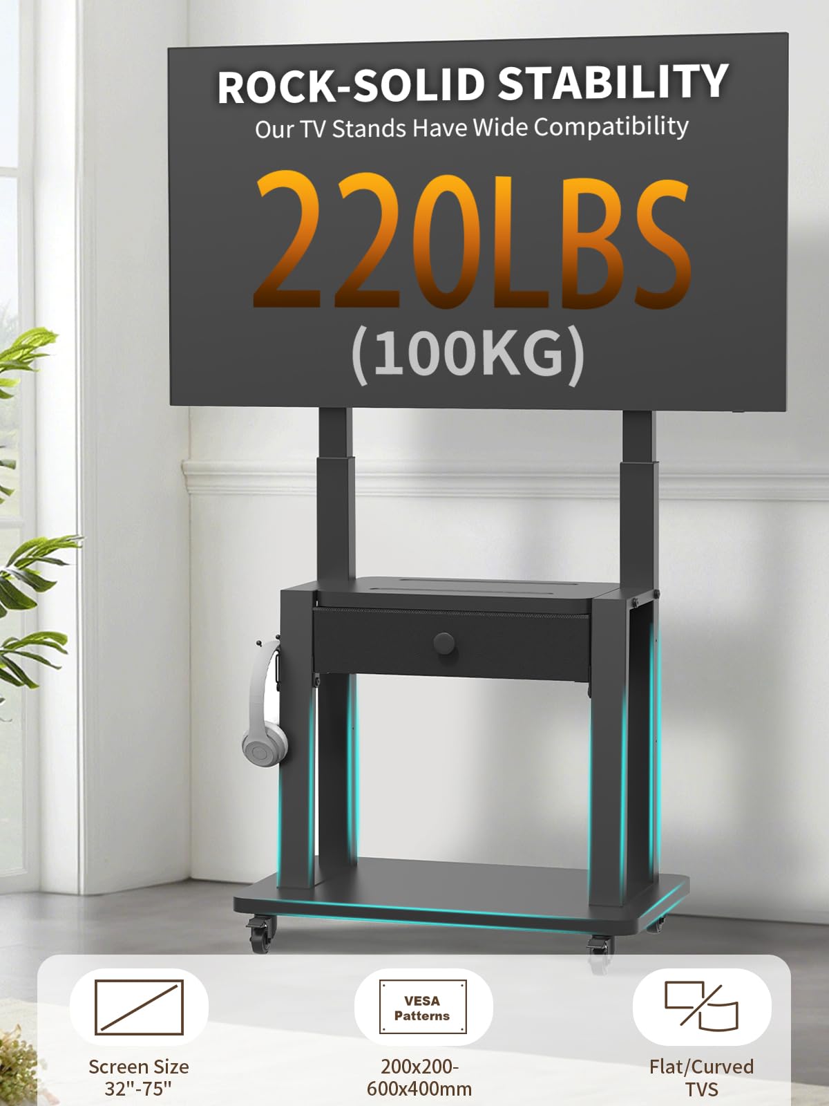 Rolling TV Stand with Fabric Drawer for 32-75 Inch Flat/Curved Screen Adjustable Height with Storage on Wheels Black M700