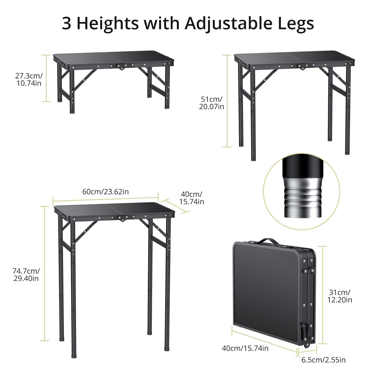 2ft Folding Camping Table, 3 Adjustable Height O23576