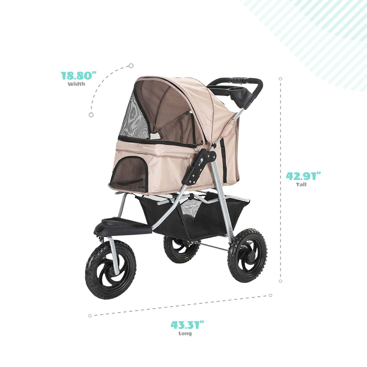 3-Wheel Dog Stroller with Storage Basket and Cup Holders, Tan Q355