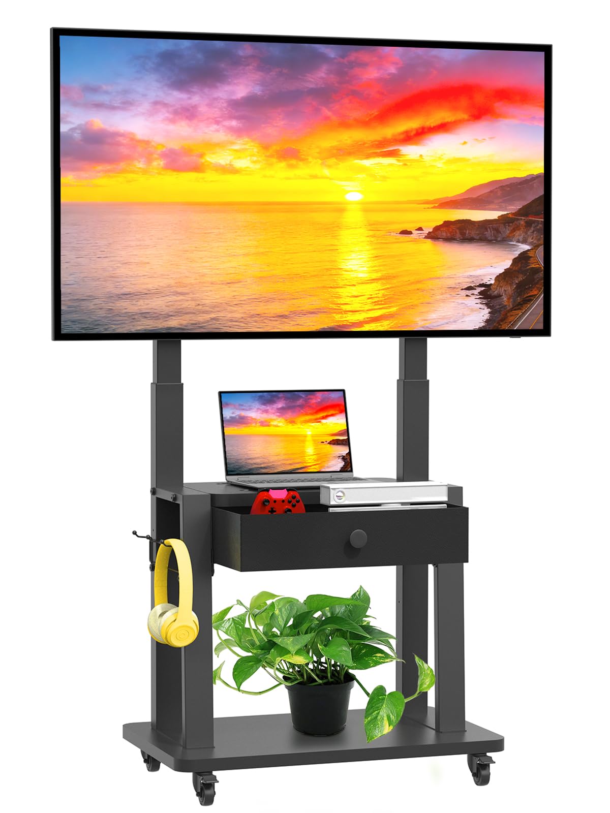 Rolling TV Stand with Fabric Drawer for 32-75 Inch Flat/Curved Screen Adjustable Height with Storage on Wheels Black M700