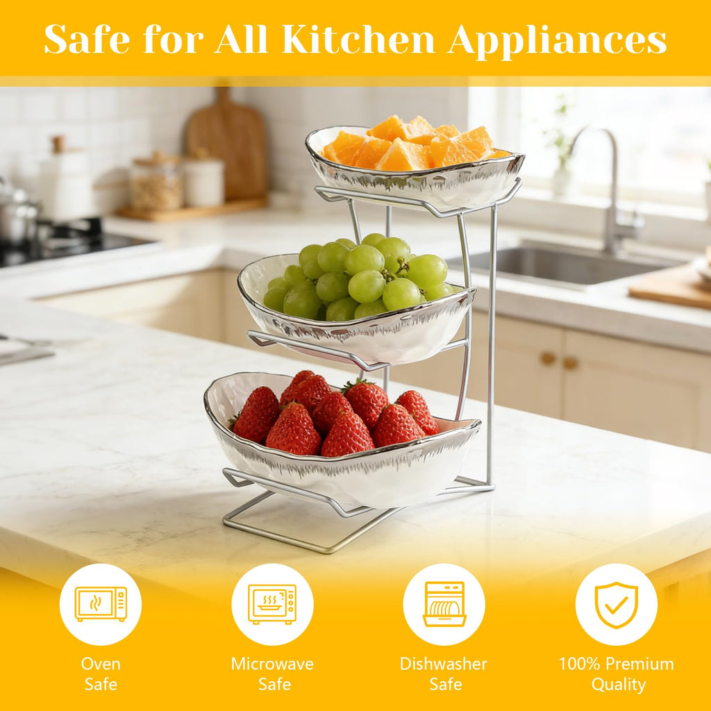 3 Tier Ceramic Fruit Bowl with Metal Stand D129789