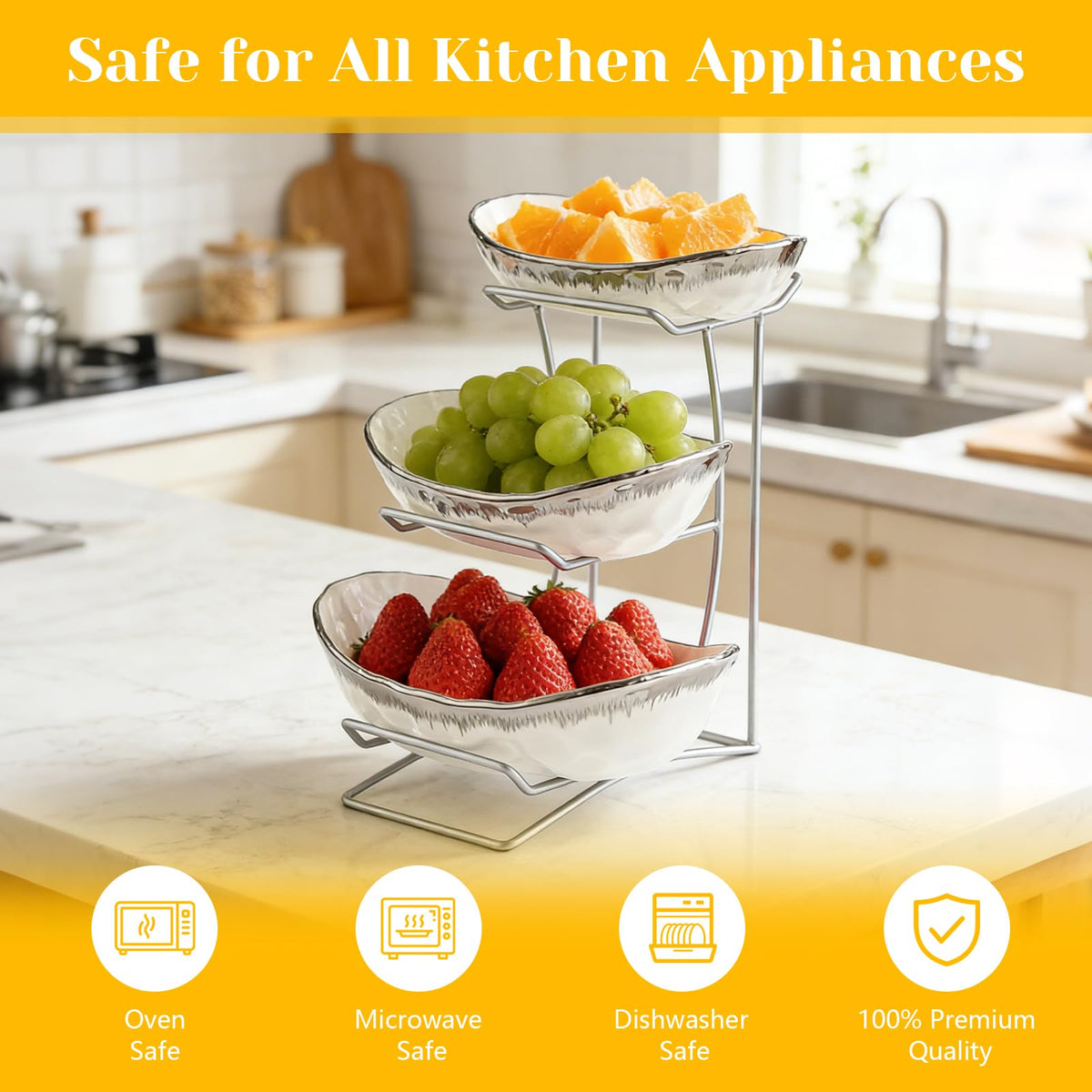 3 Tier Ceramic Fruit Bowl with Metal Stand D129789