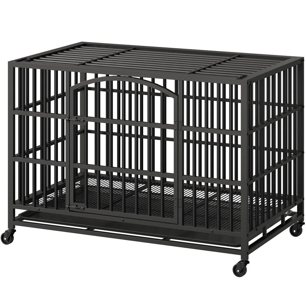 48-Inch Heavy Duty Dog Crate with 2 Doors, Lockable Wheels & Removable Tray, Black S7257