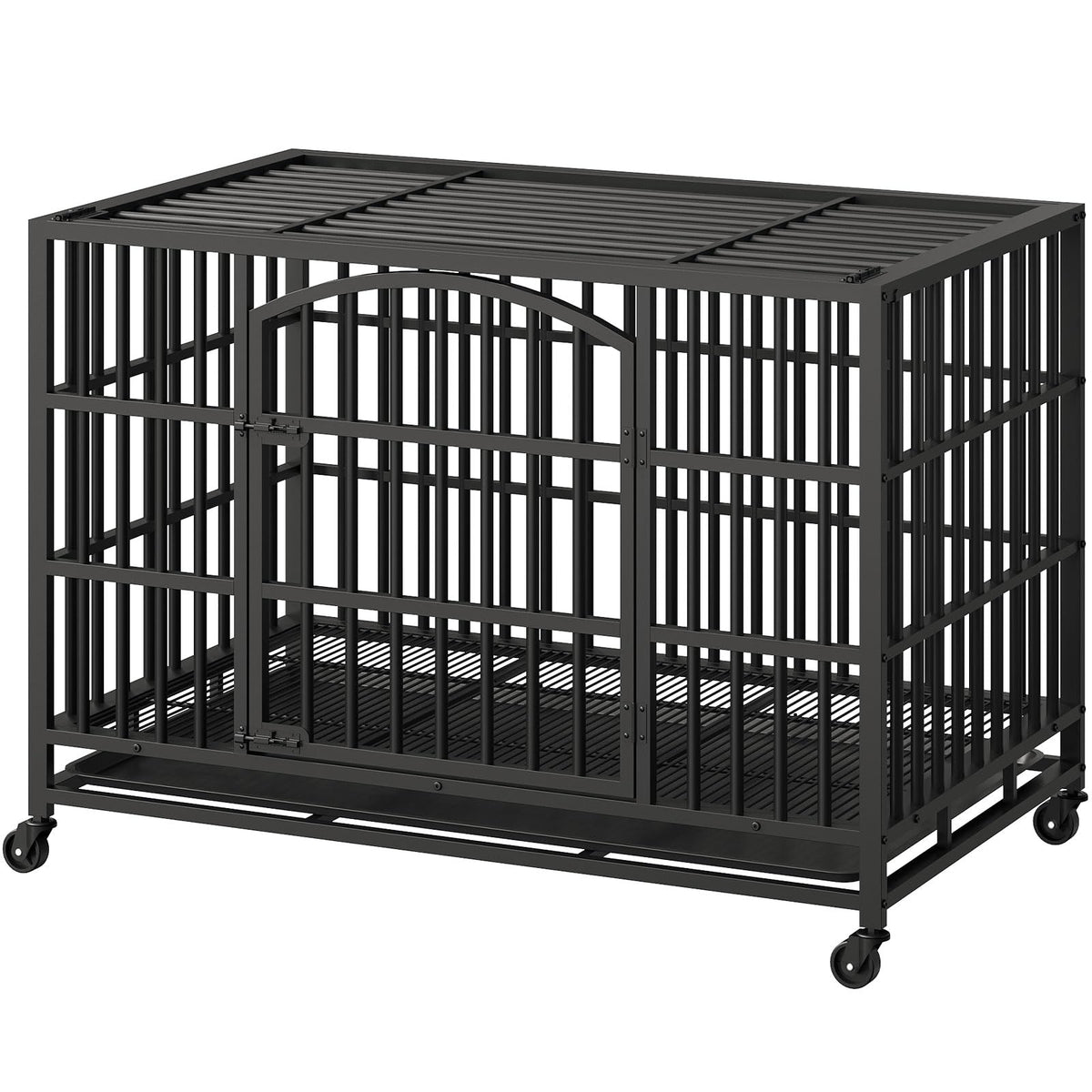 48-Inch Heavy Duty Dog Crate with 2 Doors, Lockable Wheels & Removable Tray, Black S7257