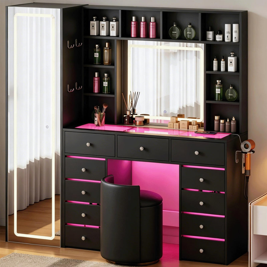 Full Length Mirror Vanity Desk with LED Mirror and 11 Drawers Q5892