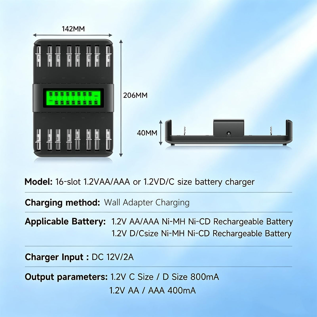 16 Pack AAA 1100mAh NiMH Batteries with 16 Bay LCD Battery Charger S20717