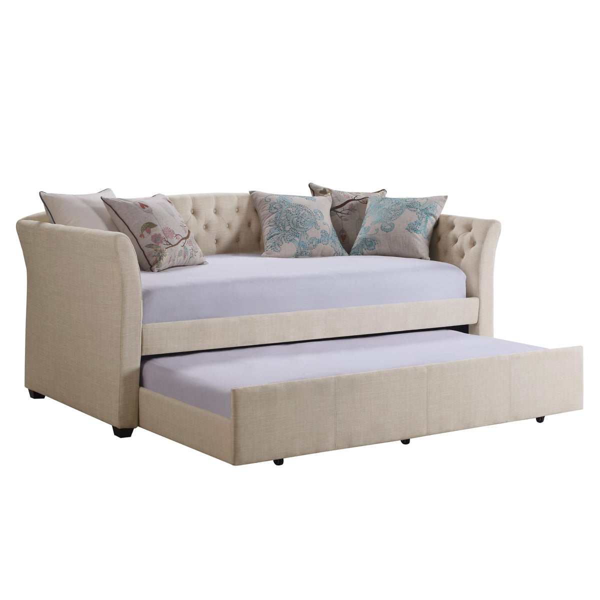 Beige Velvet Tufted Upholstered Twin Daybed with Trundle Y24543