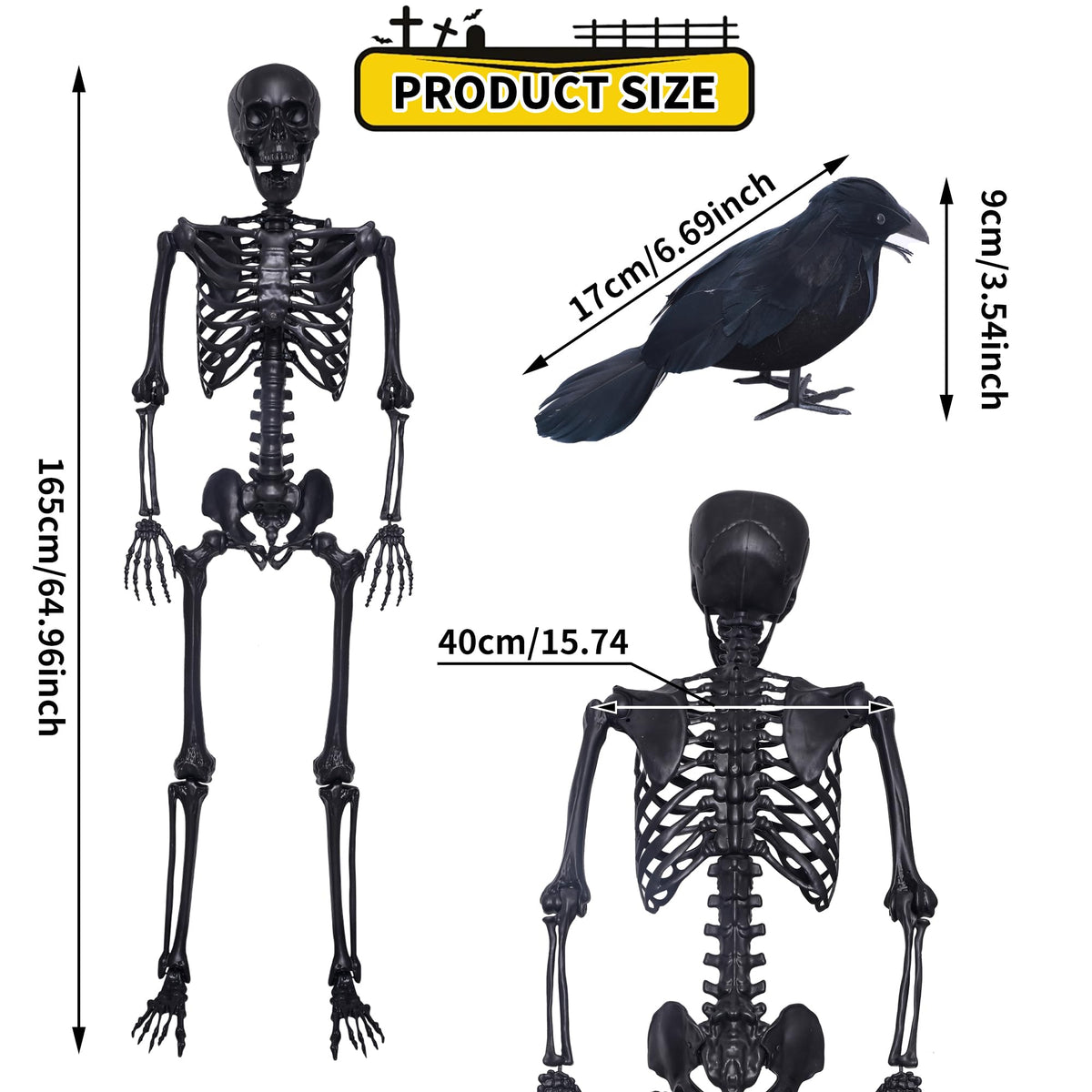 5.4Ft Posable Skeleton with Movable Joints and 2PC Black Feathered Crows I55895
