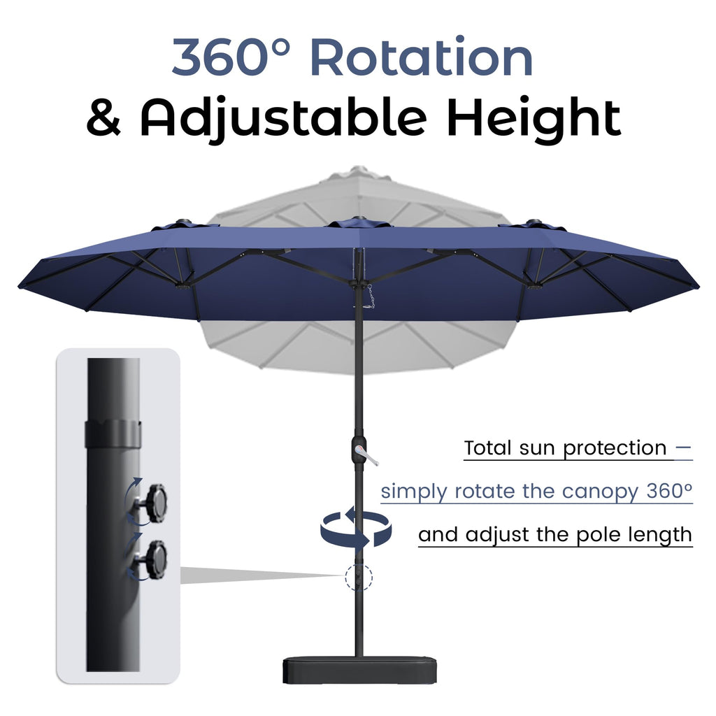 15ft Navy Blue Double-Sided Patio Umbrella with Base S7875