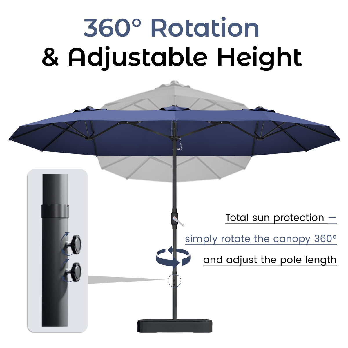 15ft Navy Blue Double-Sided Patio Umbrella with Base S7875