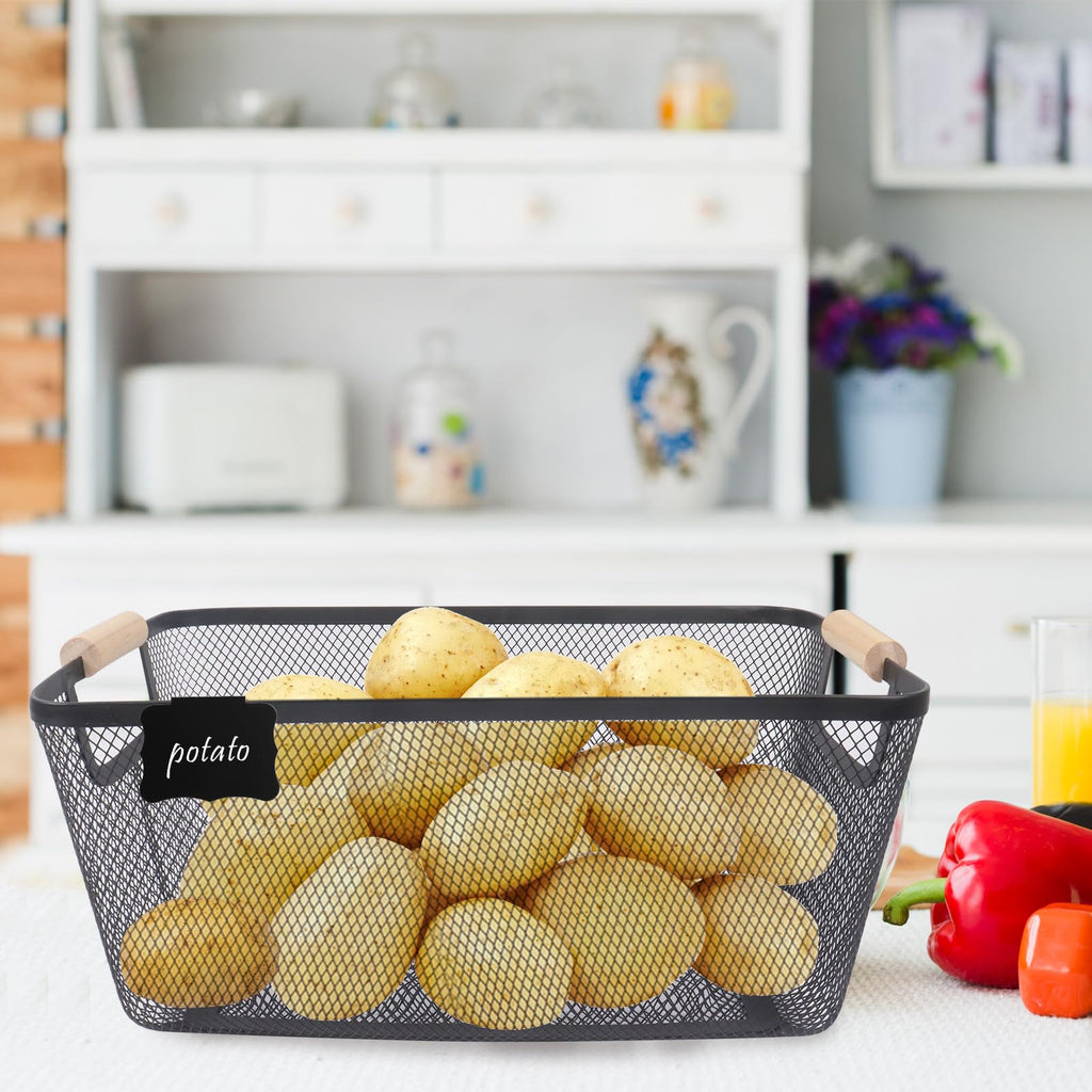 Potato and Onion Storage Bin, 2 Set Metal Mesh Baskets with Wooden Handle R4547