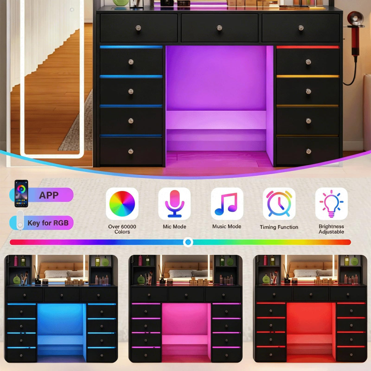 Full Length Mirror Vanity Desk with LED Mirror and 11 Drawers Q5892