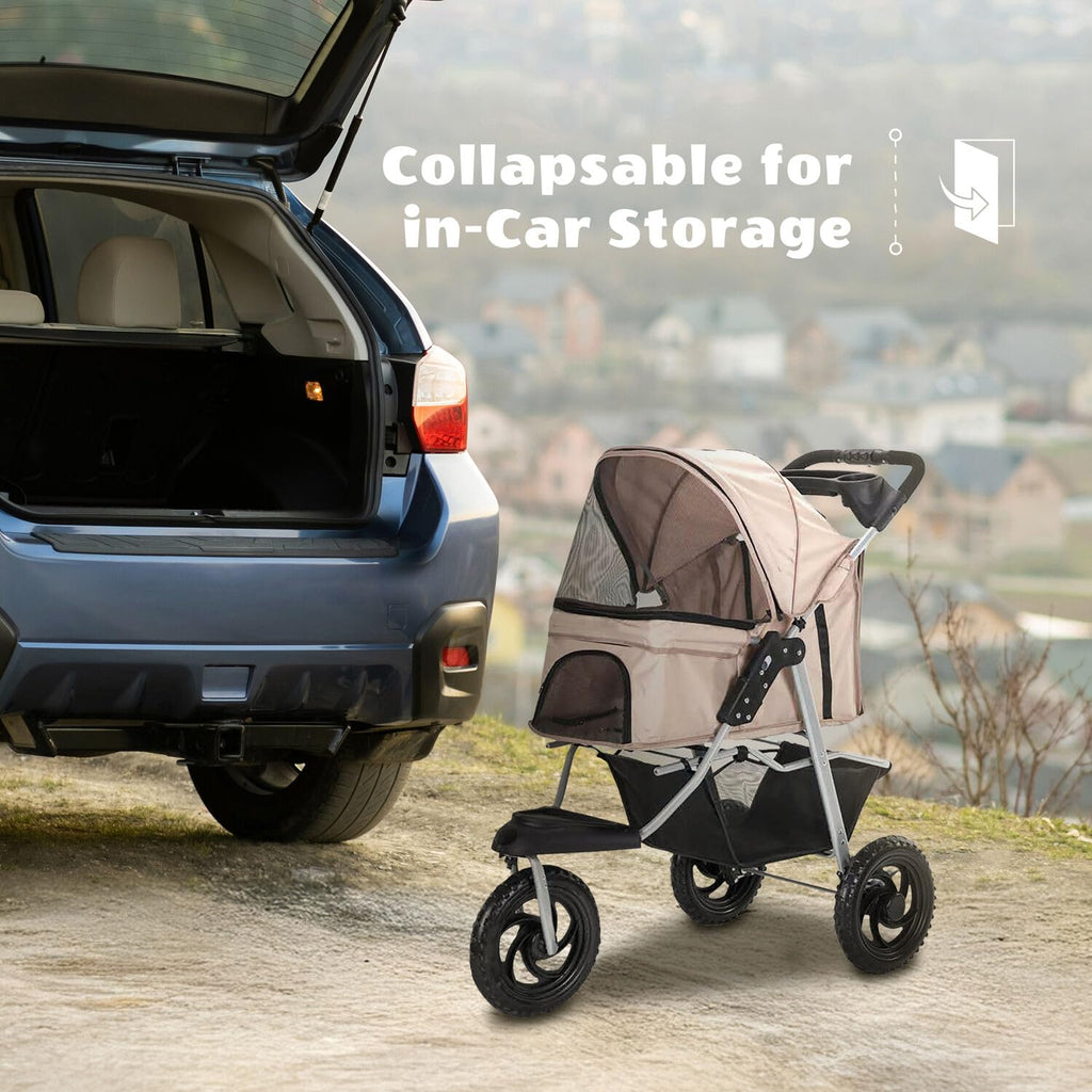3-Wheel Dog Stroller with Storage Basket and Cup Holders, Tan Q355