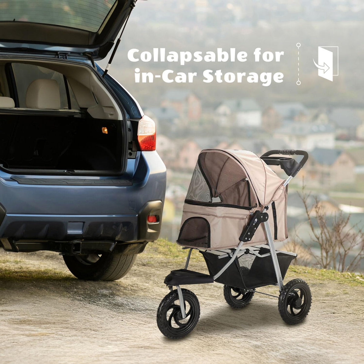 3-Wheel Dog Stroller with Storage Basket and Cup Holders, Tan Q355