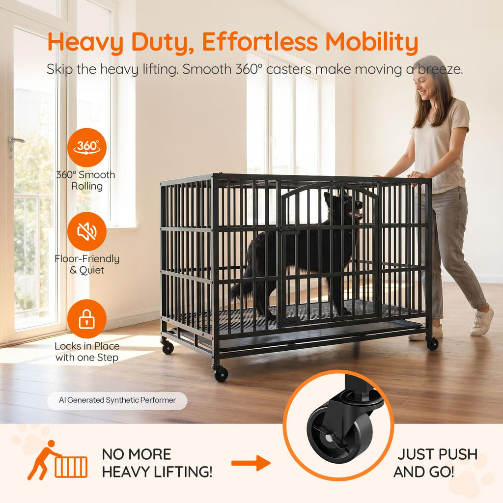 48-Inch Heavy Duty Dog Crate with 2 Doors, Lockable Wheels & Removable Tray, Black S7257