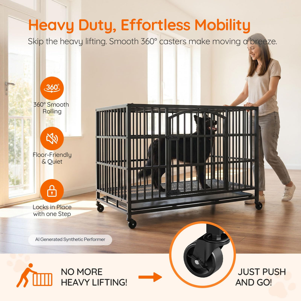48-Inch Heavy Duty Dog Crate with 2 Doors, Lockable Wheels & Removable Tray, Black S7257