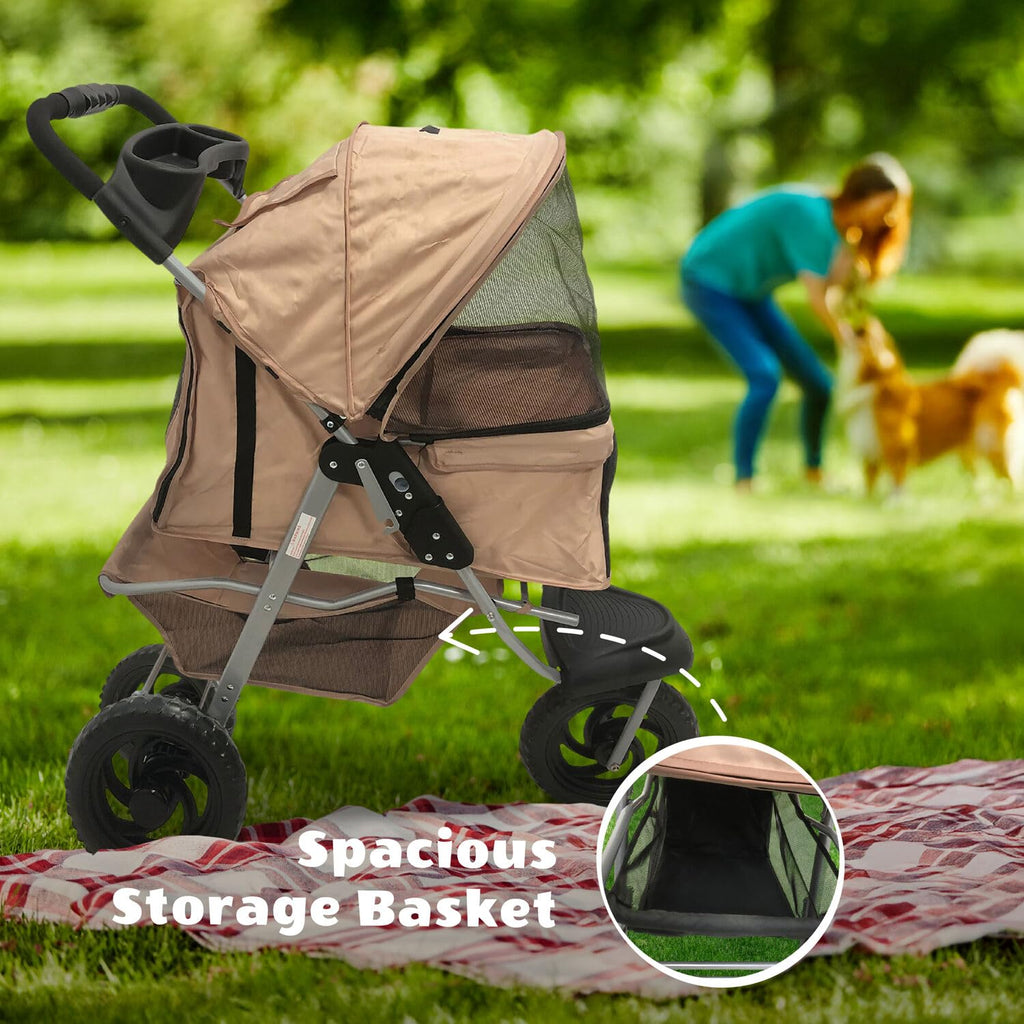 3-Wheel Dog Stroller with Storage Basket and Cup Holders, Tan Q355