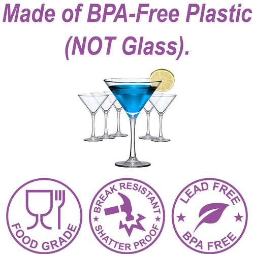 10-Ounce Plastic Martini Glasses Set of 6, Reusable, BPA-Free, Shatter-Proof, Dishwasher-Safe Z8000