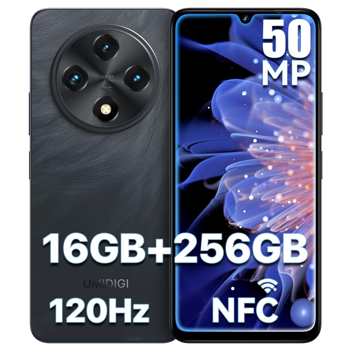 Android 14 6.9" HD+ 120Hz Octa-core 16GB +256GB 6000mAh 50MP Triple Camera Dual 4G LTE NFC Black Smartphone B3107