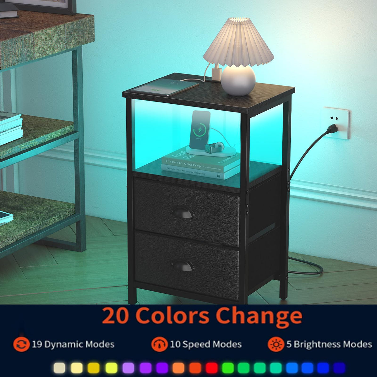 Black Nightstand with Charging Station and 2 Fabric Drawers S3950