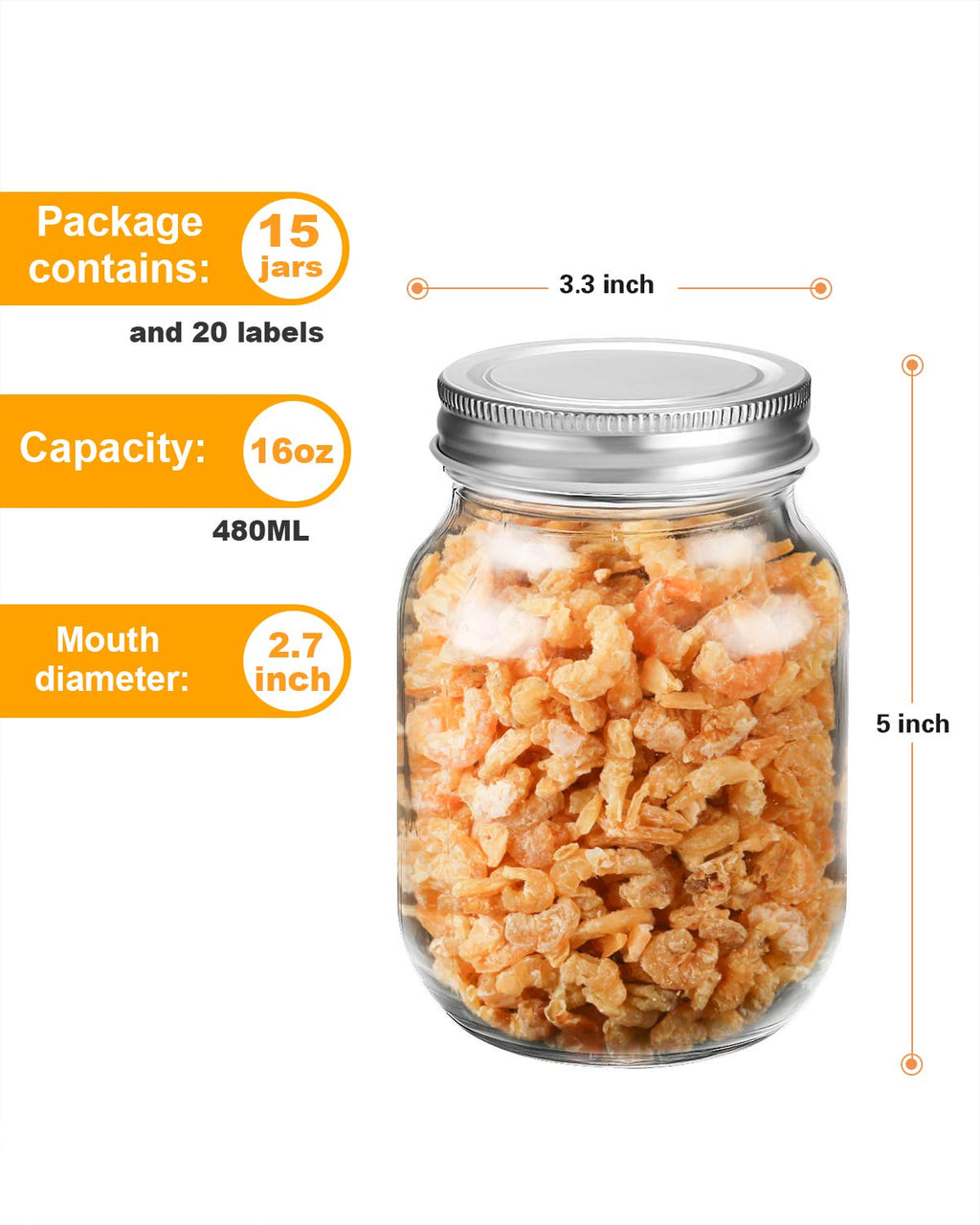 16 oz Mason Jars with Silver Lids 15 Pack I66126