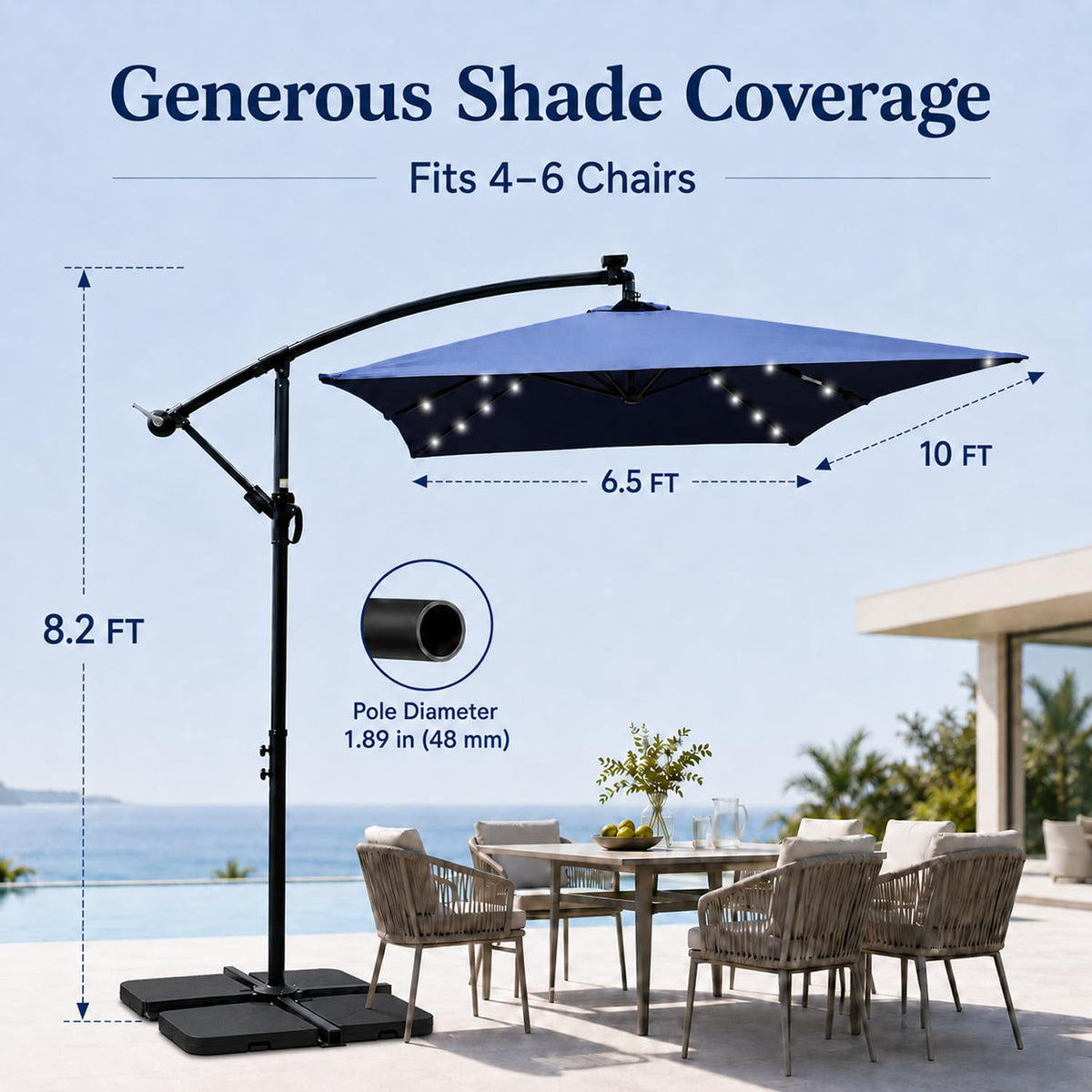 10x6.5FT Navy Blue Solar Patio Umbrella G375