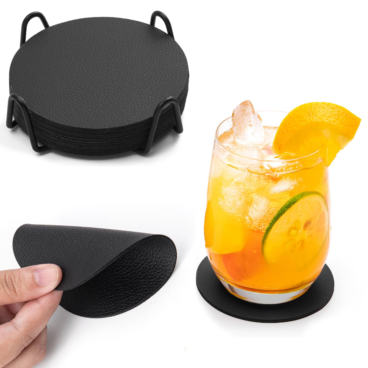 Faux Leather Drink Coasters with Holder, Set of 12 P4669