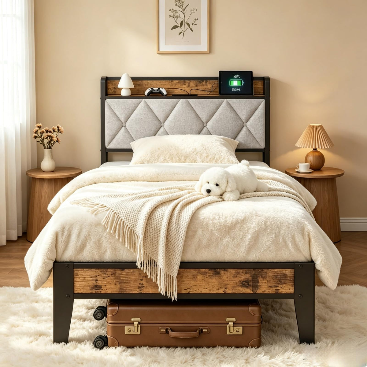 Twin Bed Frame with Headboard and Charging Plug J939627