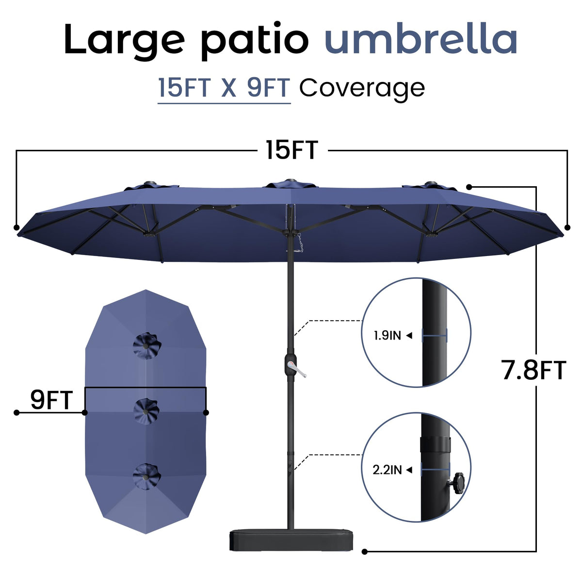 15ft Navy Blue Double-Sided Patio Umbrella with Base S7875