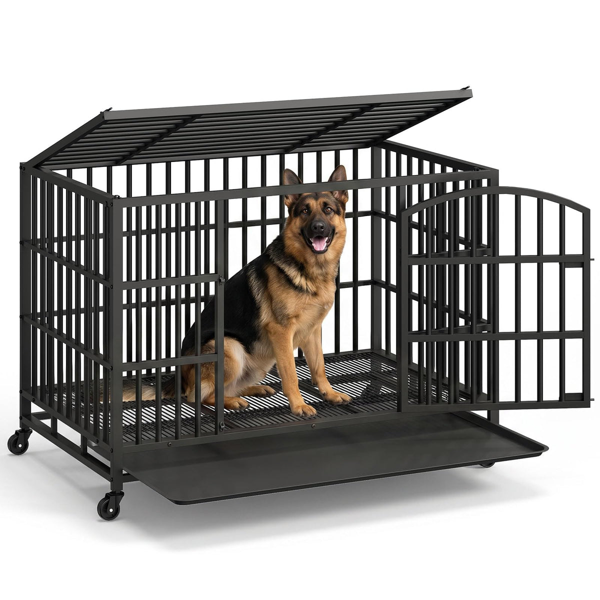 48-Inch Heavy Duty Dog Crate with 2 Doors, Lockable Wheels & Removable Tray, Black S7257