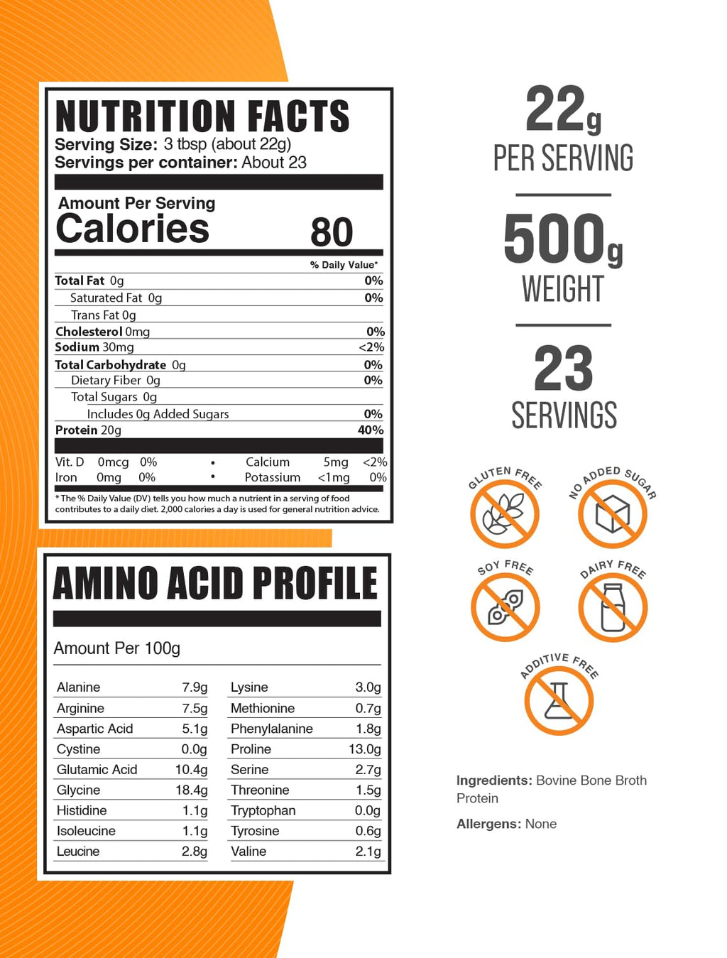 Beef Bone Broth Protein Powder, Lactose Free Dairy Free Gluten Free, 500g I43424