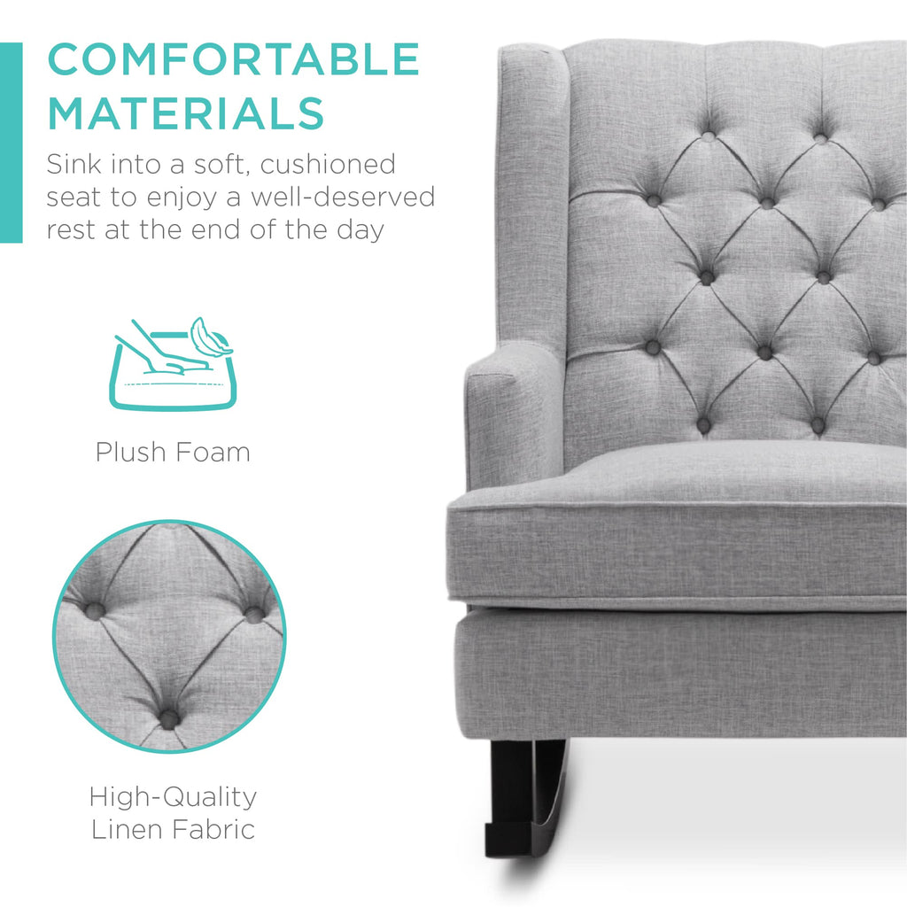 Gray Velvet Tufted Upholstered Rocking Accent Chair with Wood Frame L2346