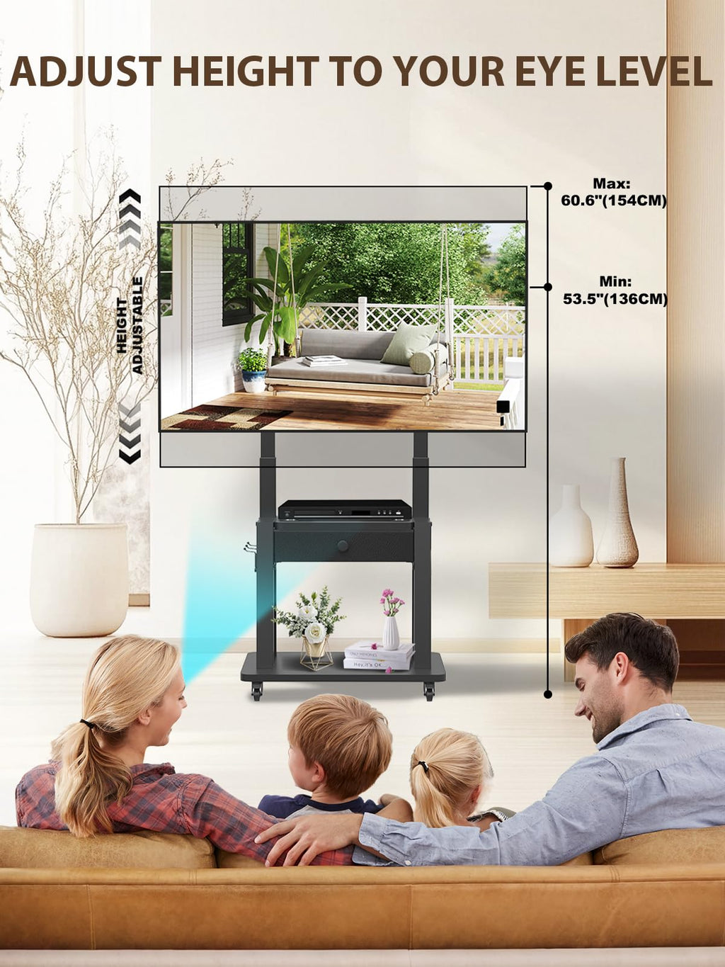 Rolling TV Stand with Fabric Drawer for 32-75 Inch Flat/Curved Screen Adjustable Height with Storage on Wheels Black M700