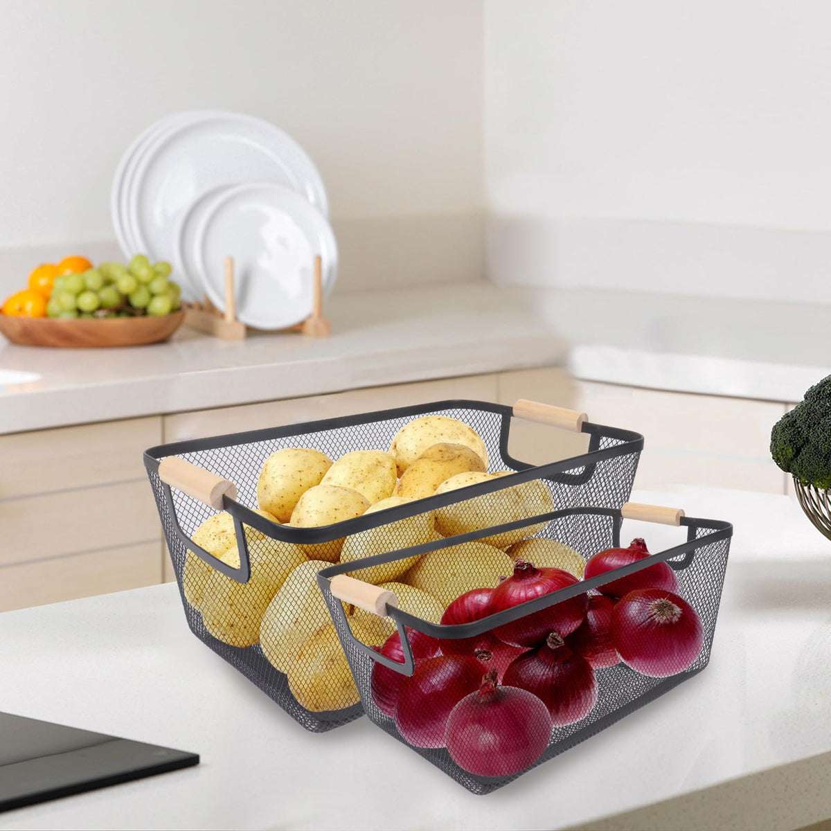 Potato and Onion Storage Bin, 2 Set Metal Mesh Baskets with Wooden Handle R4547