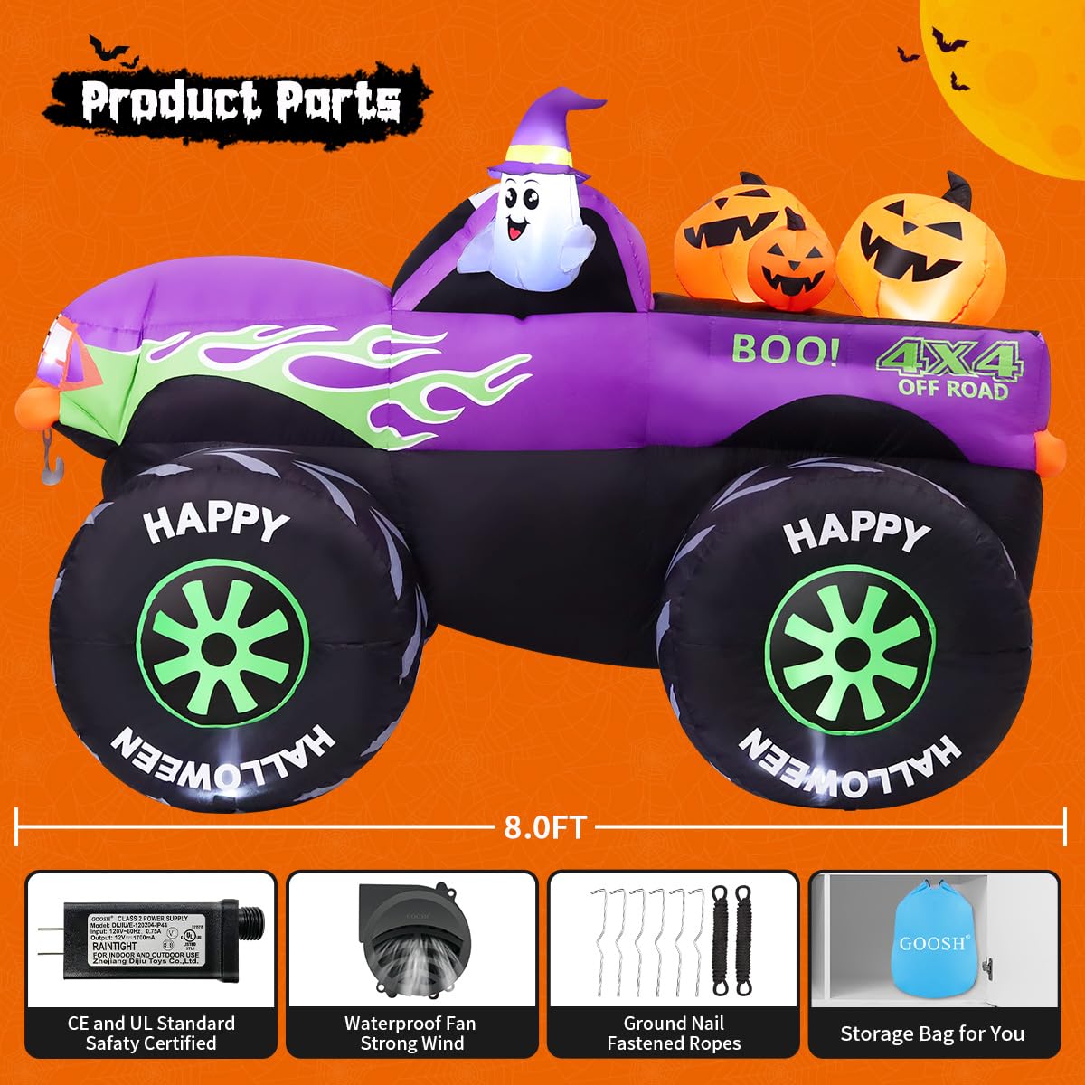 8 FT Halloween Inflatable Monster Truck with Built-in LEDs C4854