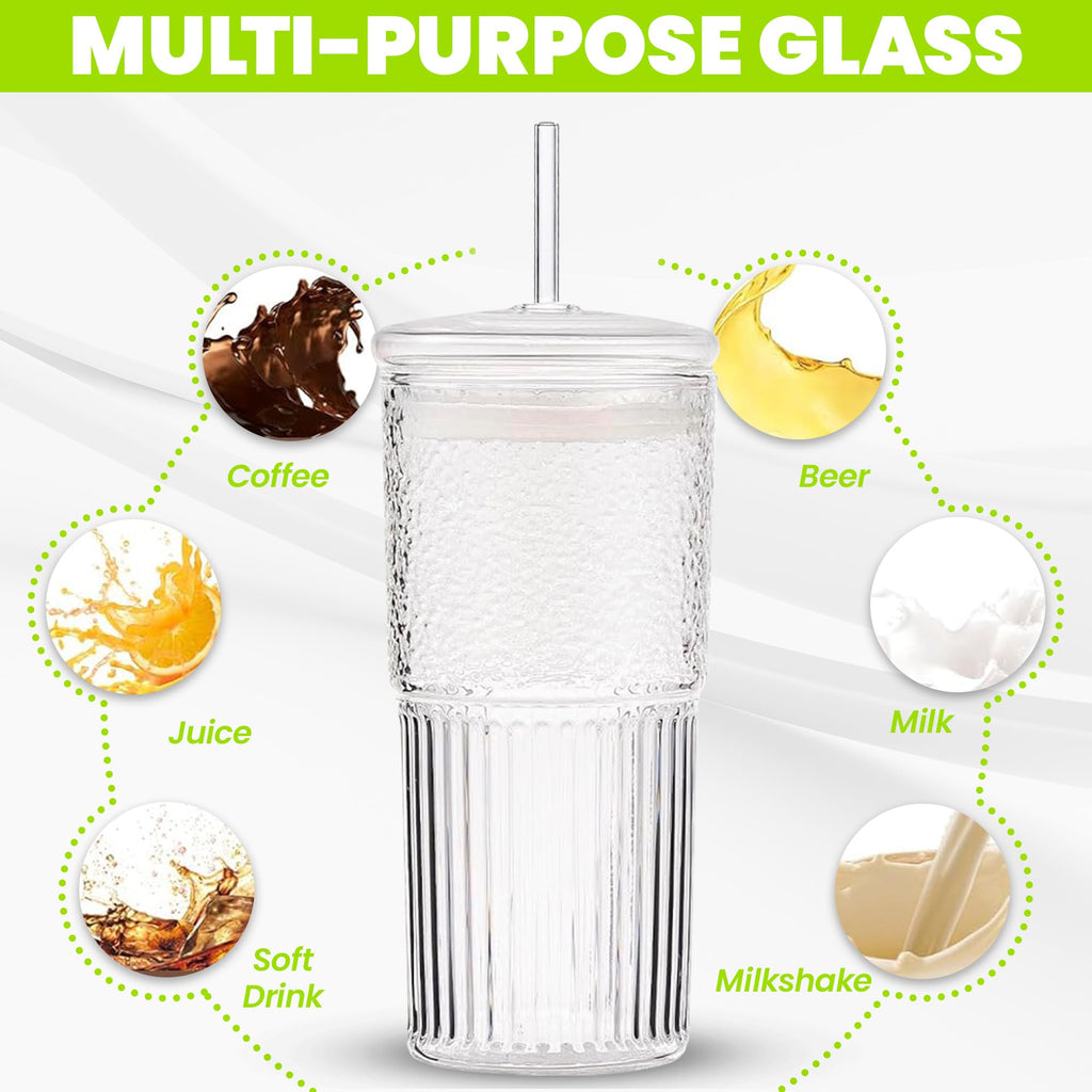 Clear 22 oz Glass Cup with Lid and Straw A4496