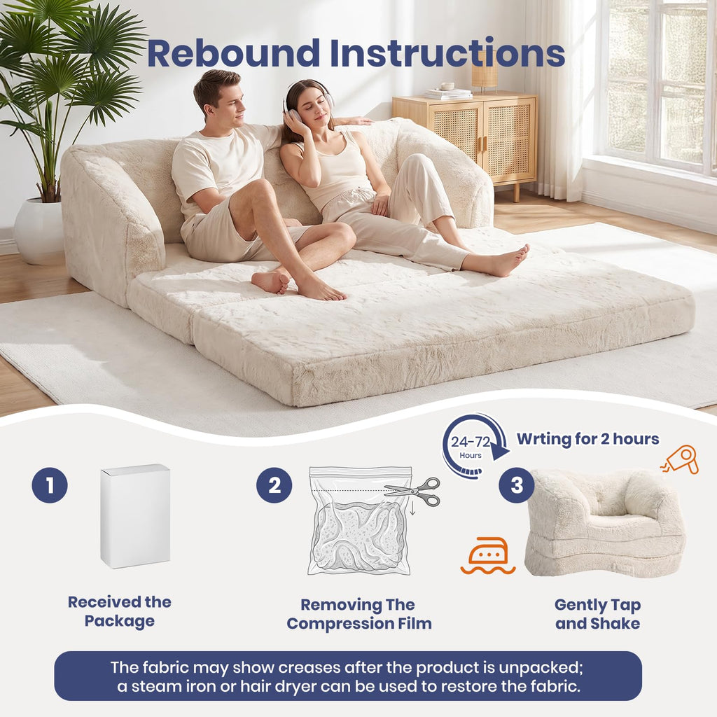 Convertible Folding Sofa Bed, 2 in 1 Portable Floor Couch & Foam Mattress with Handle, Space-Saving Faux Fur Futon Chair for Living Room, Bedroom, Guest Room (Loveseat, Beige) Q786